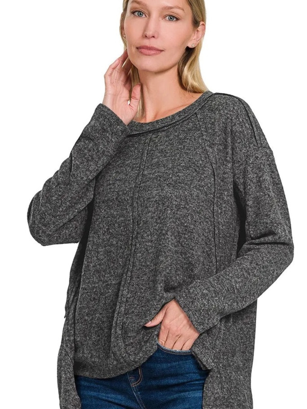 Zenana Outfitters Black Melange Scoop Neck Relaxed Pullover